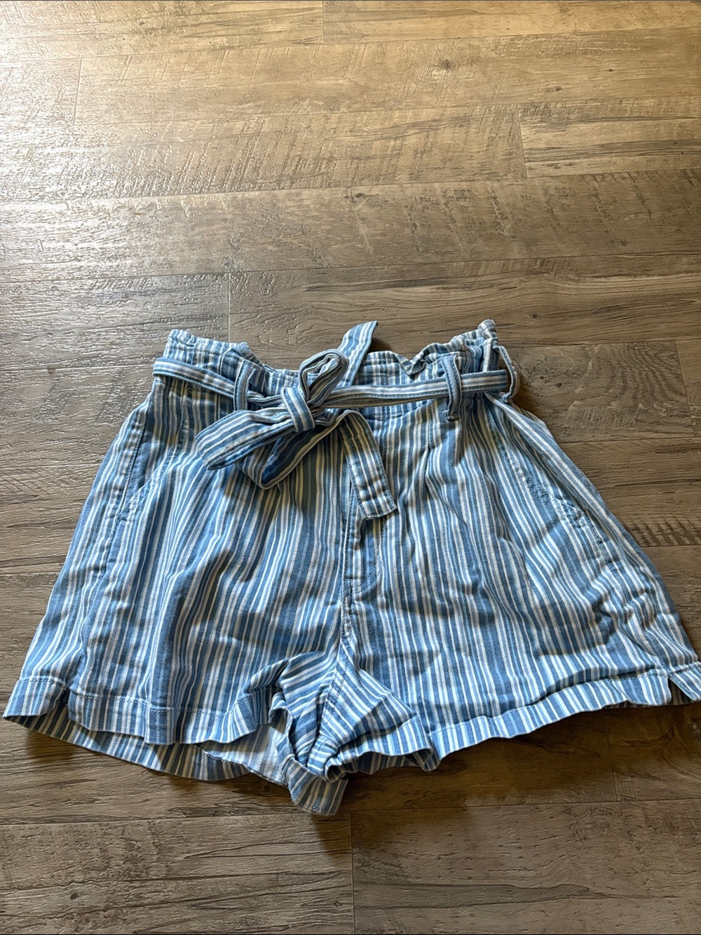 American Eagle Outfitters Blue Striped High Waist Paperbag Shorts